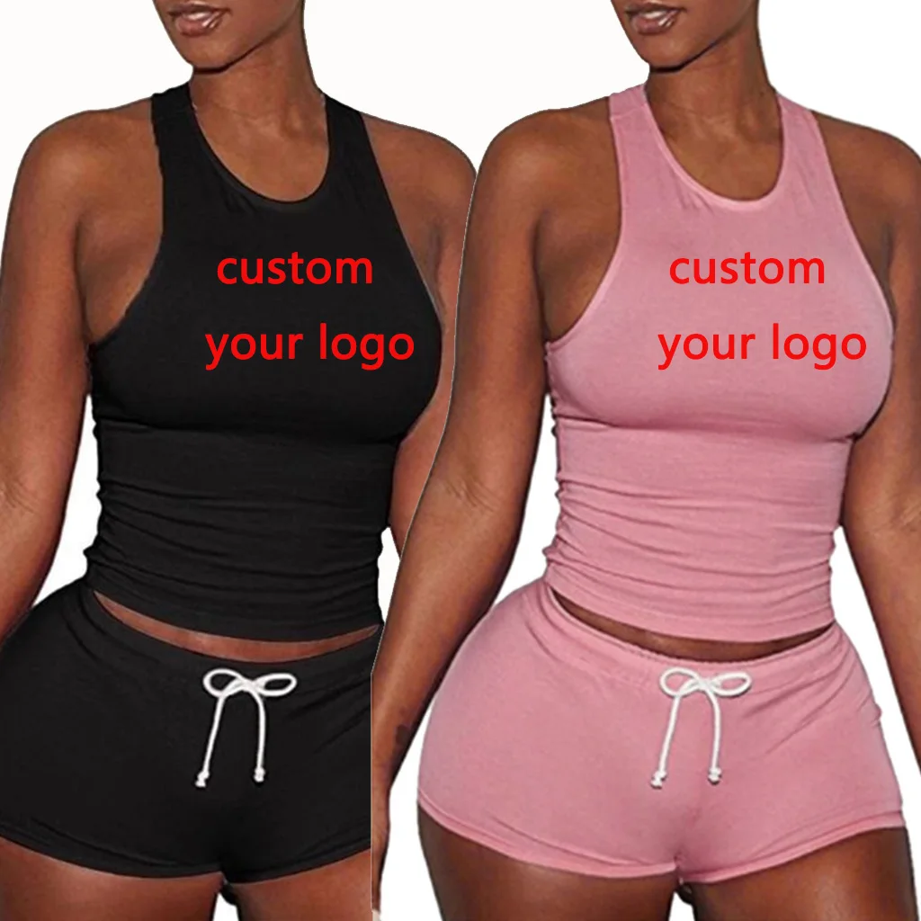 Летний женский сексуальный топ без рукавов с вашим логотипом + шорты, комплект из 2 предметов, спортивный женский тренировочный костюм для бега, женский спортивный костюм, размеры XL