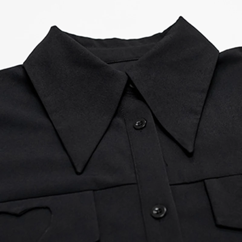 

Women Black Hollow Out Big Size Blouse New Lapel Long Sleeve Loose Fit Shirt Fashion Tide Spring Autumn 2021 C764