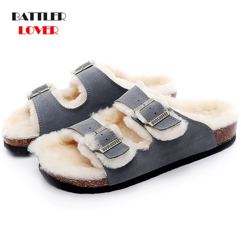

New Unisex Plush Soft Cork Slippers For Men 2021 Casual Double Buckle Nubuck Leather Non-slip Sandals Women Outside Slides Shoes