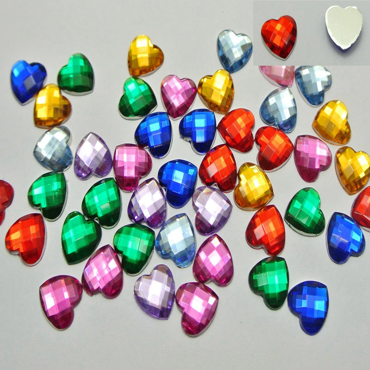 

200 Mixed Color Acrylic Faceted Heart Flatback Rhinestone Gems 10X10mm No Hole