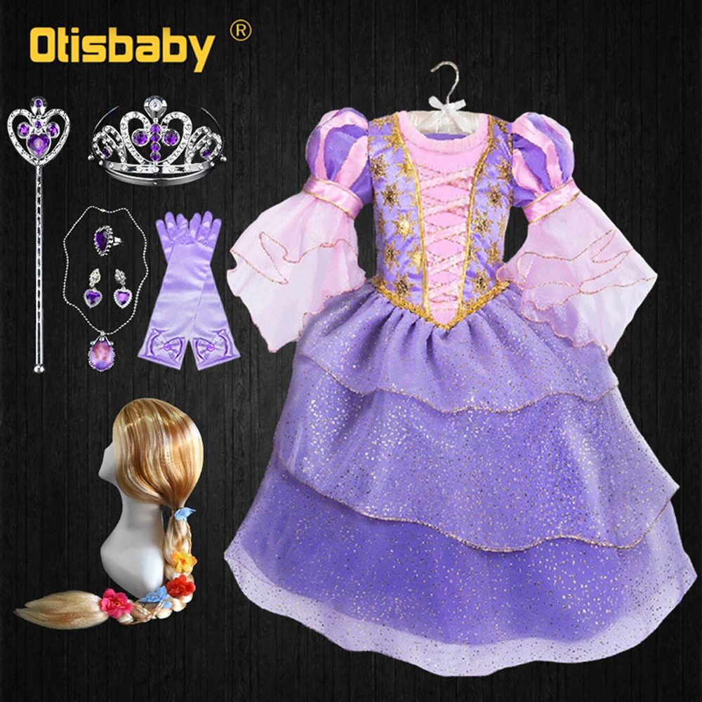 

The Tangled Halloween Christmas New Year Costume Girls Rapunzel Dress Puff Flutter Sleeve Princess Dress Up Glitter Tiered Dress