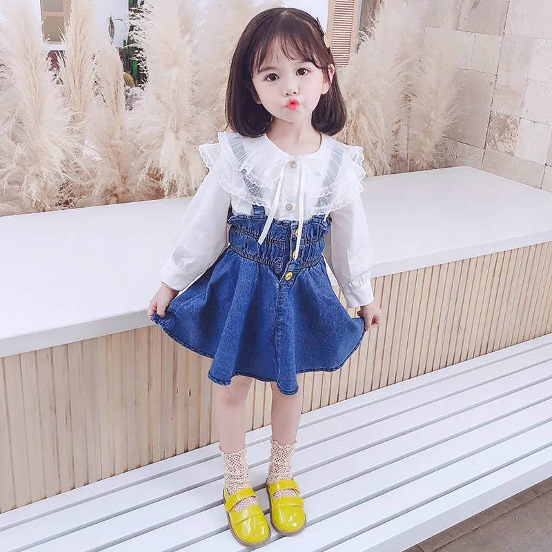 Ropa Para Niñas De 0 A 3 Años Girls White Long-sleeve Lace Top Fashion Denim Skirt Sets Toddler Girl Clothes Two Piece Outfits | Детская