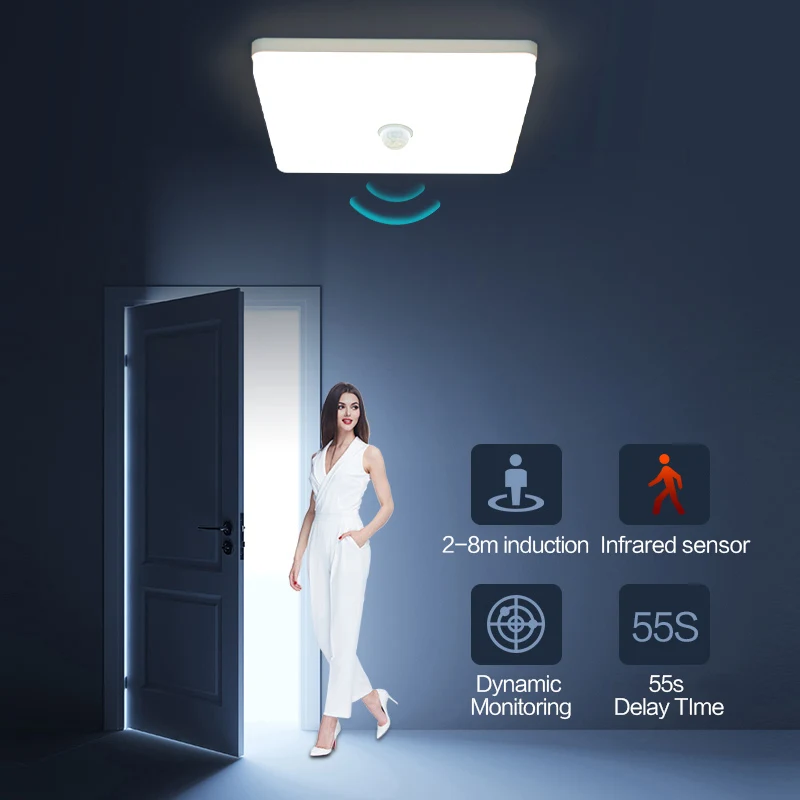 $13.36 Square LED Ceiling Lamp PIR Motion Sensor Cold white Warm white 18W 24W 36W 220V 110V Smart Ceiling Lights For Foyer Hallways