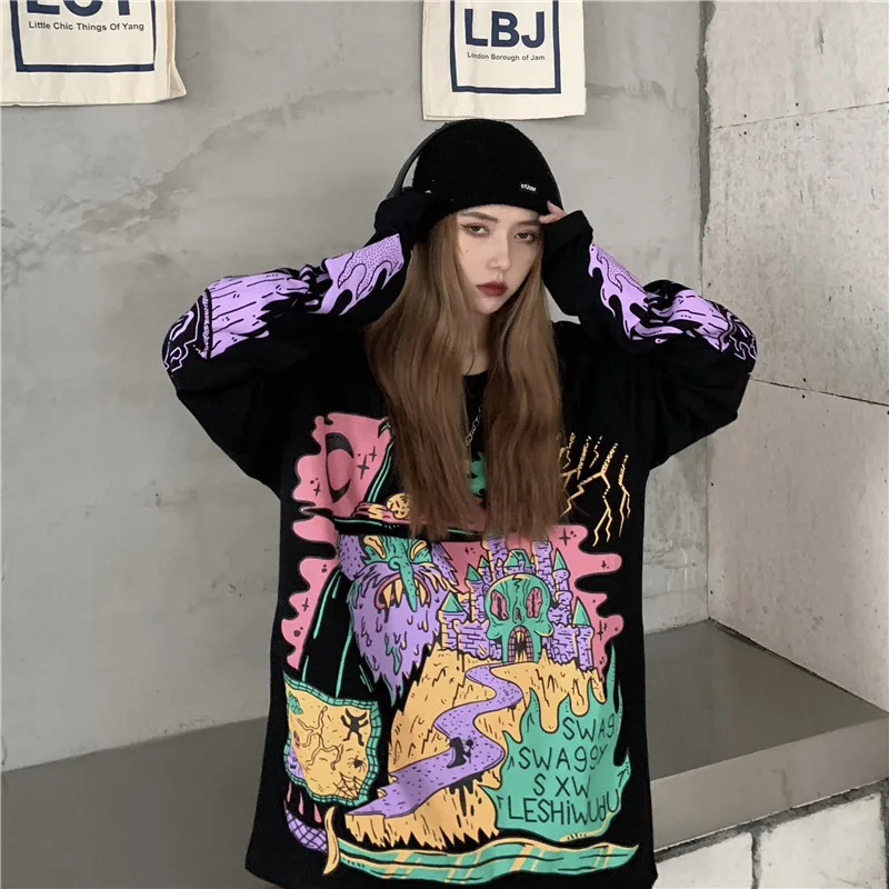 

New Ins Harajuku Woman Tshirts Korean Fashion O-neck Long Sleeve Graphic Tee Causal Loose Hipster Ladies Tops Couple Clothing