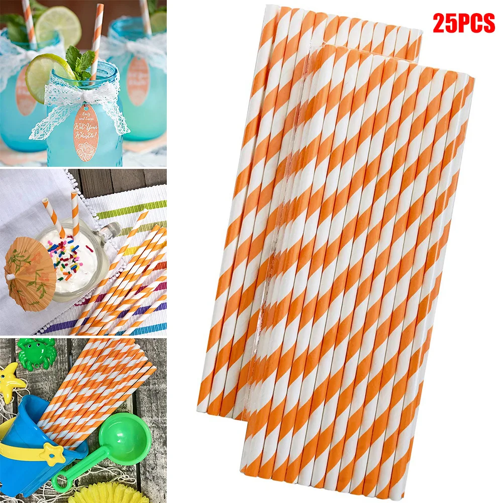 

Newly 25pcs Striped Paper Straws Orange and White Eco Friendly Straws for Juice Soda Cocktails Shakes HG996