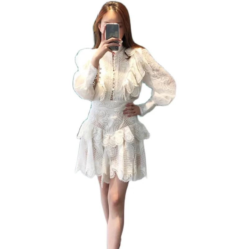 

Retro Embroidery Ruffles Lace Patchwork Two piece set Women Spring New Stand collar Single-breasted Shirt + Irregular Skirt Set
