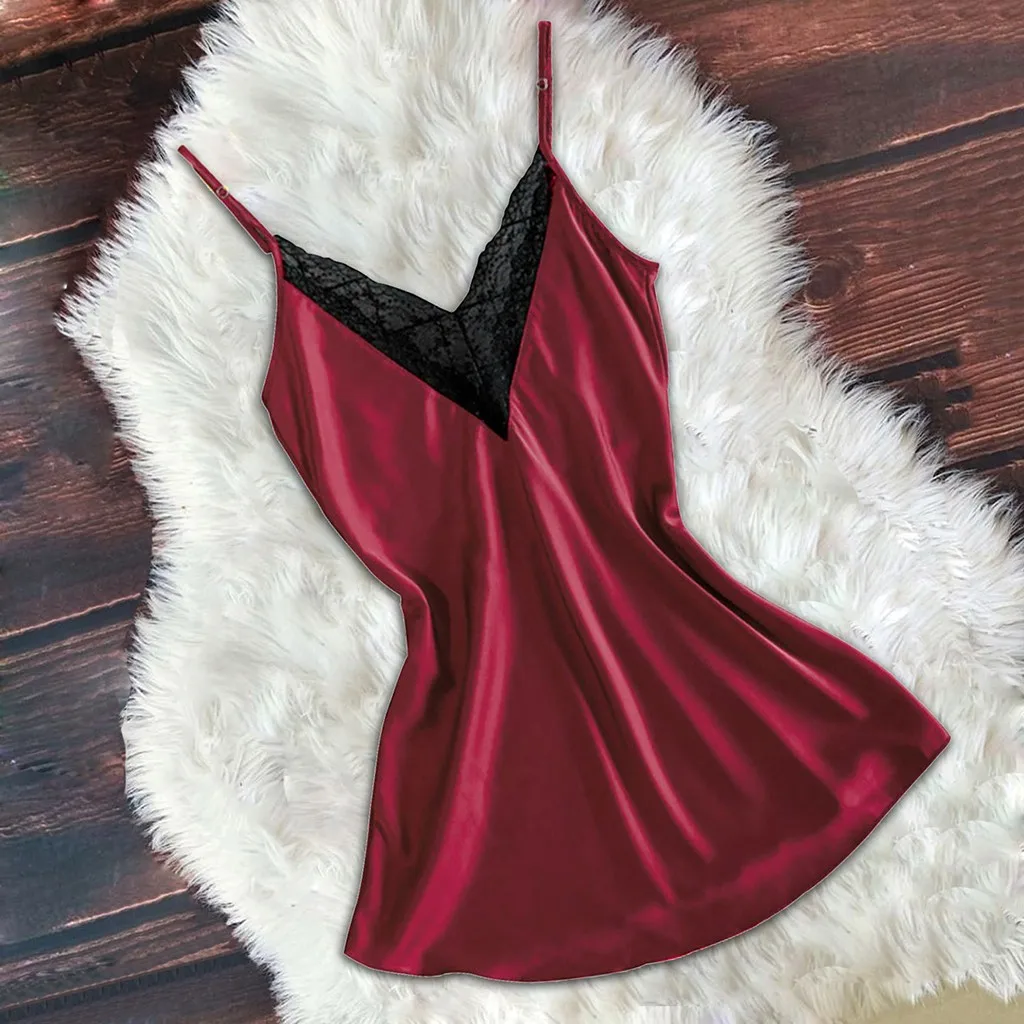 

Faux Silk Nightdress Women Spaghetti Strap Nightgown New Sexy Sleepwear Soft Satin Sleepdress Deep V Lingerie Homewear #W