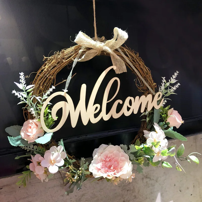 

Welcome Sign Wreath Front Door Hanger with Bow Round Outdoor Hanging Decoration for Home Vertical Sign 9.8 Inch RH