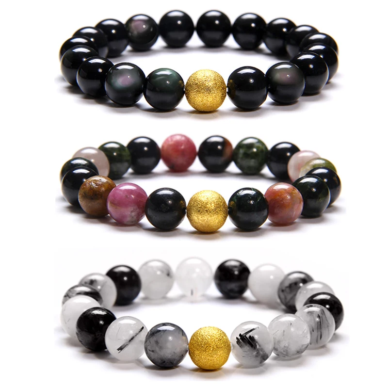 10 мм браслеты с бусинами из натурального камня мужские черные обсидиан фэншуй