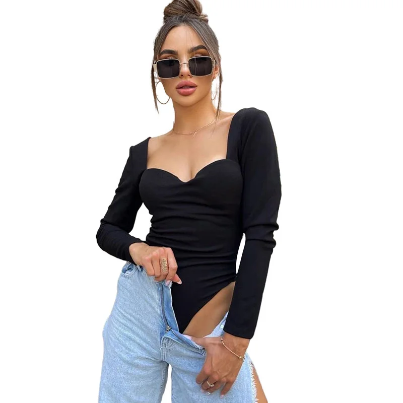 Black Autumn Casual Bodysuits For Women Sexy Long Sleeve Shirt Top Slim High Waist Bodysuit Rompers Elegant Club Party Clothes