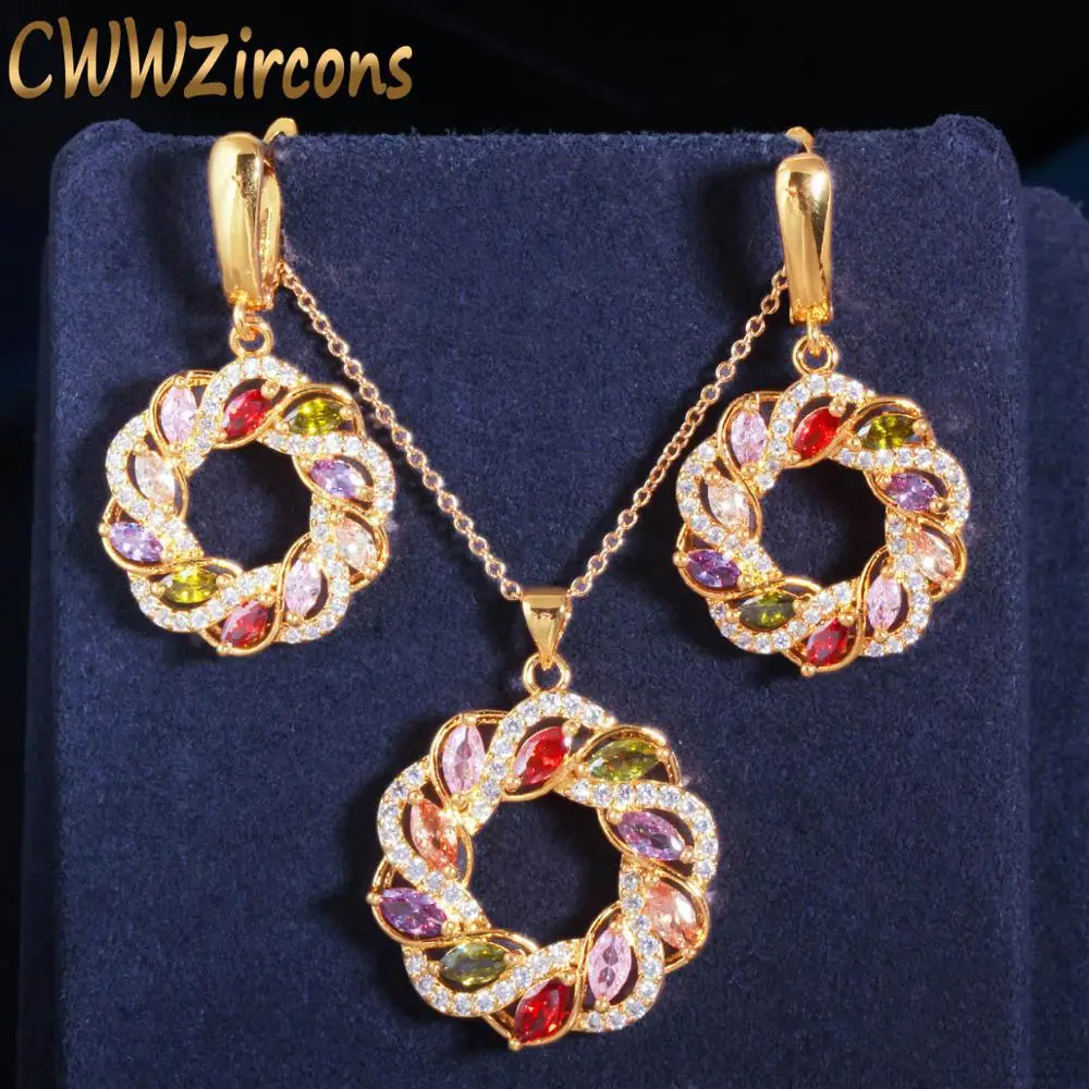 Фото CWWZircons Роскошный комплект украшений из кубического циркония: ожерелье и серьги с разноцветными камнями, в стиле Дубай/Индия, золотой, для женщин, для вечеринок, T470 №3