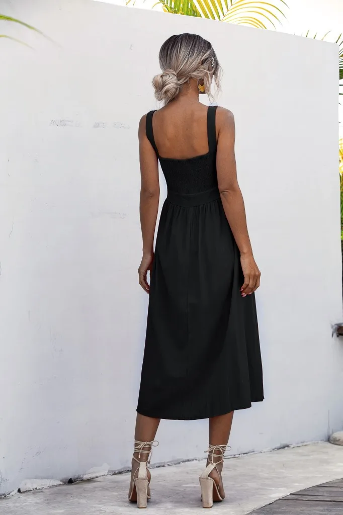 

KALENMOS Women Summer Spaghetti Strap midi Dress Boho High Waist Elegant Solid Beach Sexy Loose Work Leisure Vintage Vestidos