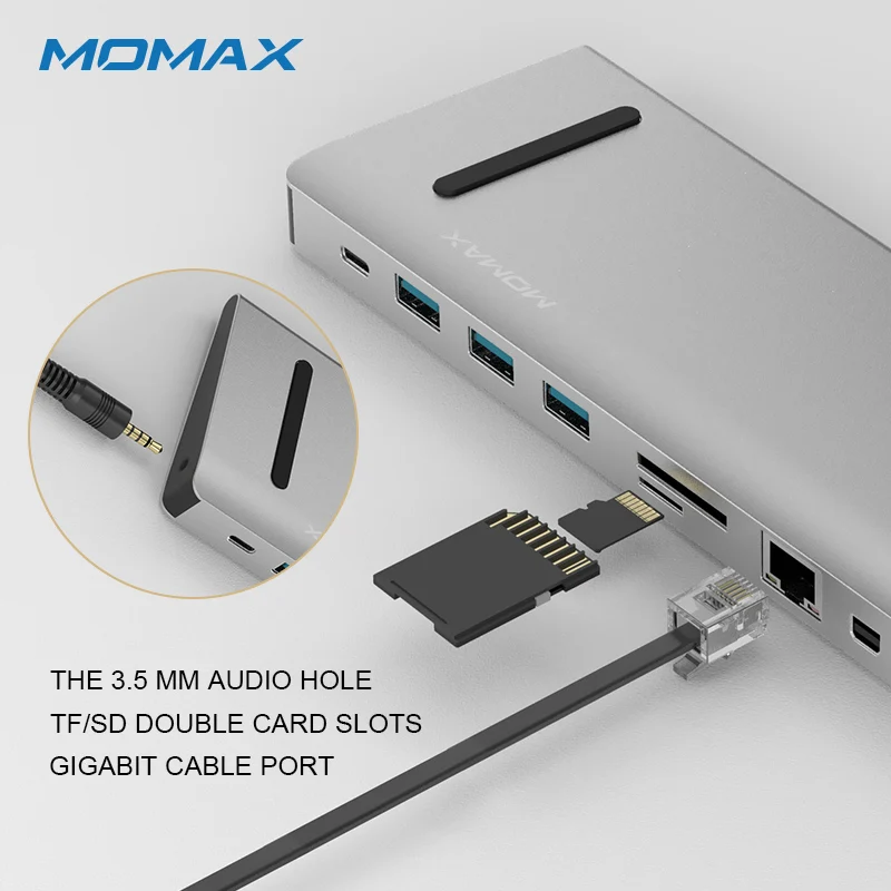 MOMAX USB C многопортовый конвертер (12 в 1) гигабит так три USB3.0 гнезда SD/TF двойной паз