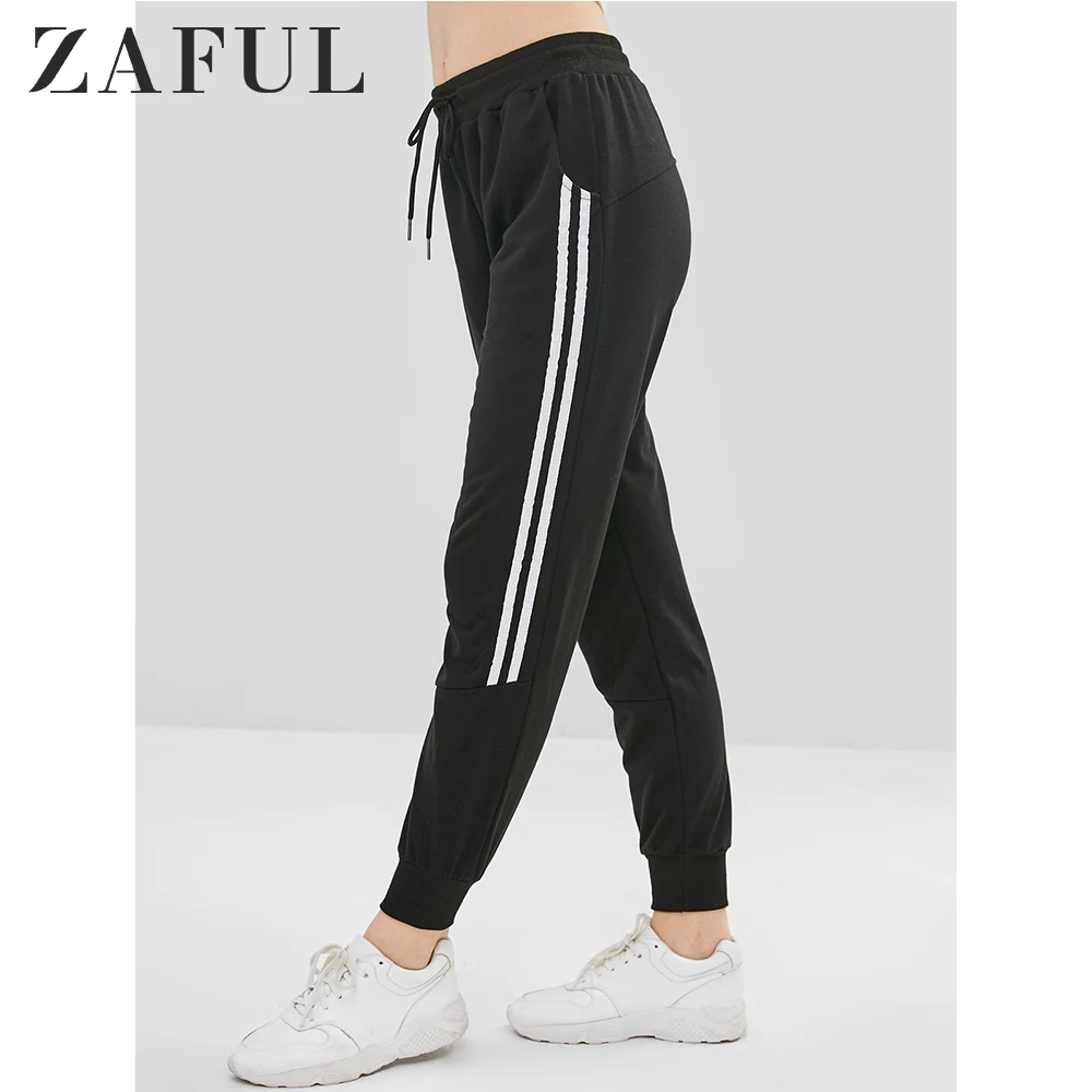 ZAFUL Шнурок с контрастной отделкой Штаны для бега Женские полосатые эластичные