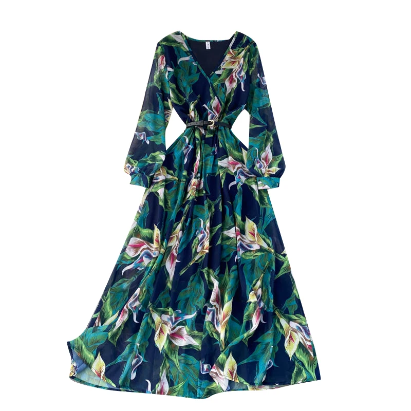 

Spring Summer New Chiffon Printed Vestidos Women's Seaside Vacation V-neck Waistband Big Swing Beach Midi Dress