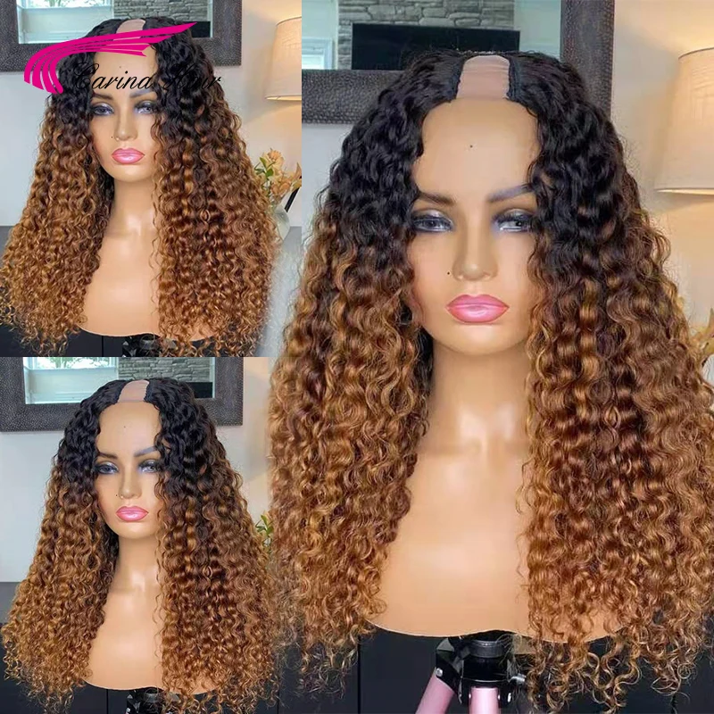 Destaque do Cabelo Perucas de Cabelo Perucas para as Mulheres Parte do Meio Carina Parte Humano Encaracolado Brasileiro Remy Cabelo 200% Ombre Loira u