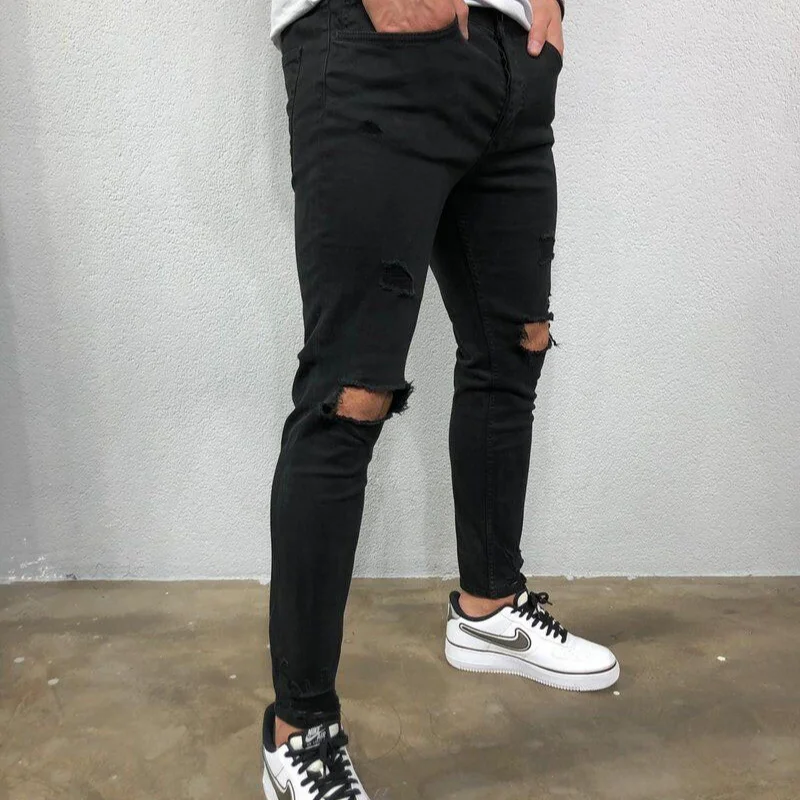 Мужские эластичные рваные джинсы-скинни черные брюки-карандаш с дырками