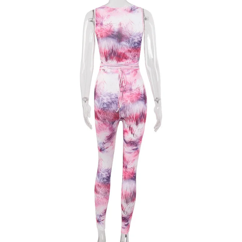 

Tie Dyeing Print Jumpsuit Rompers 2020 Sexy Women Deep V-neck Hollow Long Pants Trousers Summer Sports Bodycon Jumpsuit Playsuit