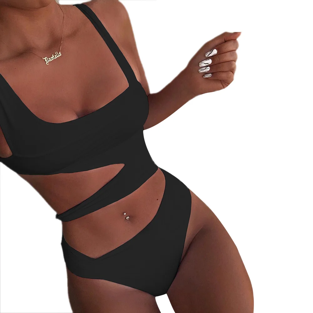 2021 New Style Solid Color Ladies Summer Swimwear Leopard Print/Polka Dot Square Collar Sleeveless Hollow Swimsuit Girl |