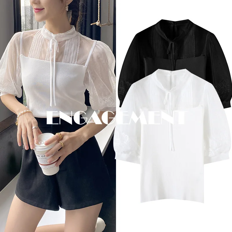 

ENGAGEMENT High Quality 2021 Summer French Court Style Small Stand Collar Lace Mesh Stitching Top Slim Perspective T-shirt