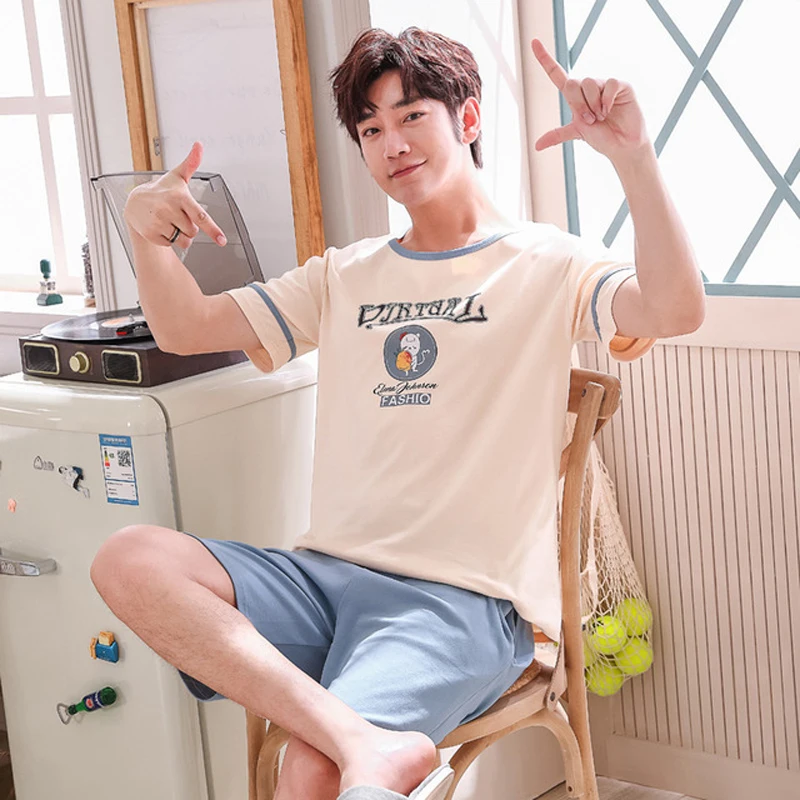 

Man's Summer Pajamas cotton short-sleeved T-shirt Shorts pijamas set Plus Size Male Sleep tops pants sleepwear Homewear pyjama