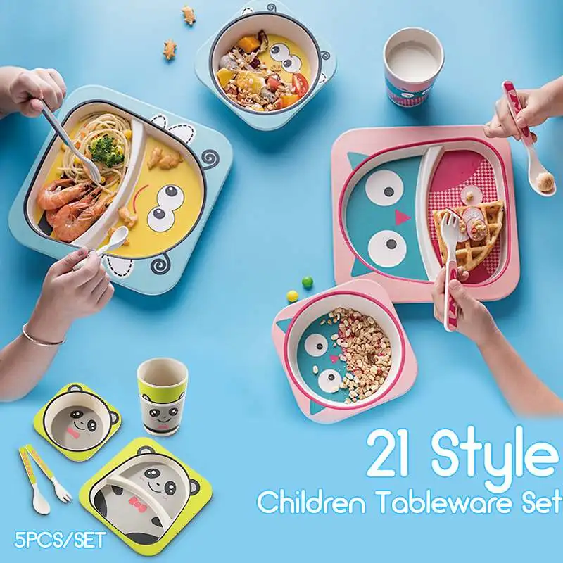

New 5pcs baby natural bamboo tableware bamboo bowl baby feeding tableware children cute cartoon new year gift bowl set