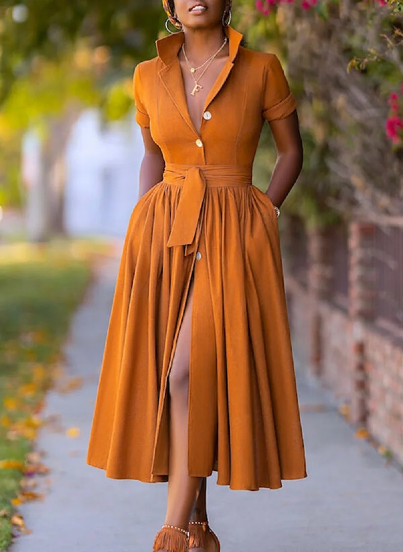 

2021 summer cardigan shirt dress solid medium sleeve swing dress