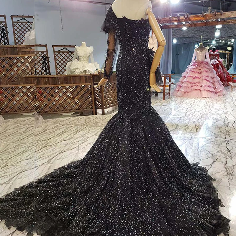HTL1849 Black Elegant Beautiful Mermaid Evening Dress 2020 Crystal Beading Pearls Appliques Long Sleeve One-Shoulder
