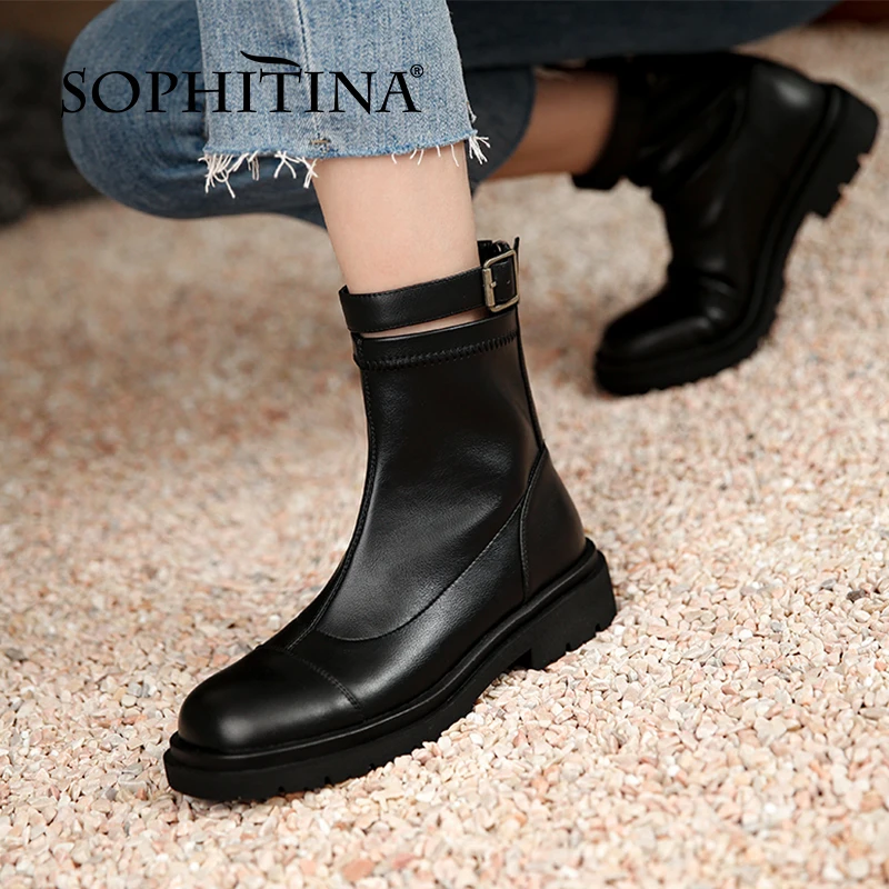 

SOPHITINA Women Boots Ankle Fashion Buckle Zipper Premium Leather Boots Non-Slip Commute Platform Women Shoes 2021 Autumn YO92