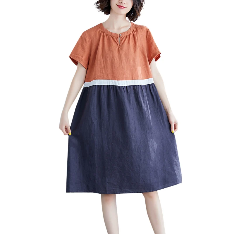 

Свободное льняное женское платье размера плюс, повседневные Элегантные летние платья средней длины с круглым вырезом и коротким рукавом дл...