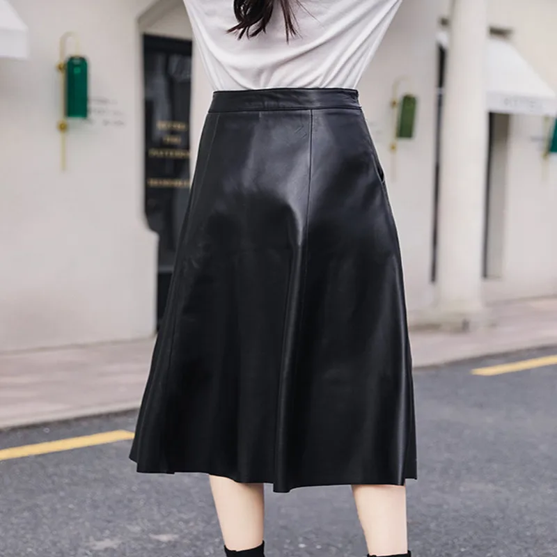 

Women Luxury Sheepskin Mid Long A-Line Real Leather Skirt Elegant Female Genuine Leather Skirt With Zipper Plus Size 2XL Skirt