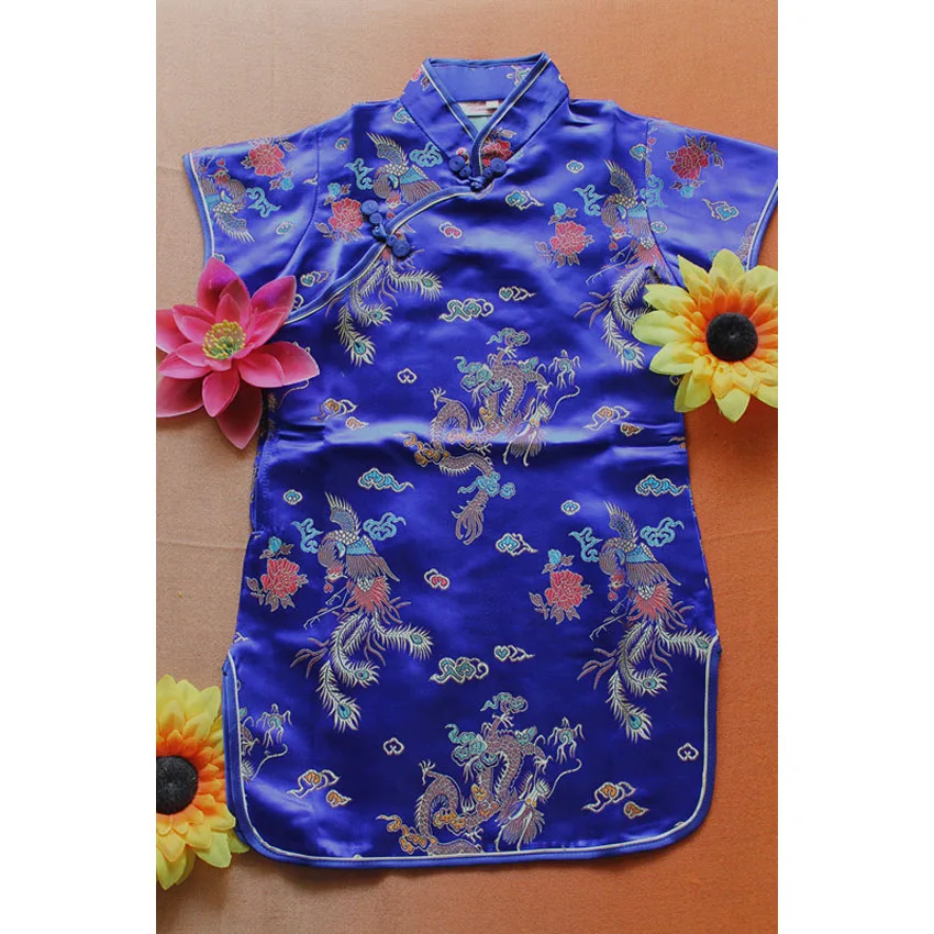 

Chinese Traditional Costumes for Girls Baby Cheongsams Hanfu Tight Dragon Floral Print Kids Satin Dress Summer Short Sleeve