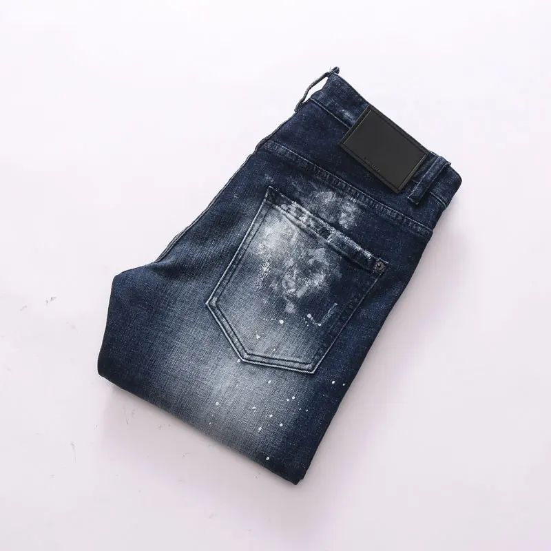 European Street Fashion Men Jeans Retro Dark Blue Distressed Slim Fit Ripped Jeans Men Painted Designer Hip Hop Denim Punk Pants