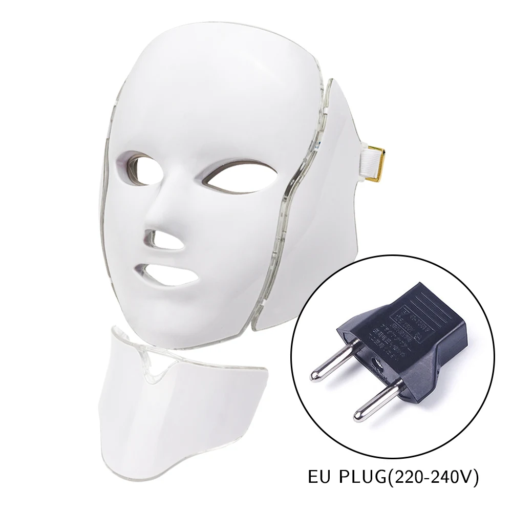 EU PLUG WITHOUT BOX Светодиодная маска для лица, 7 цветов, светодиодная Корейская фотонная терапия, маска для лица, машинный светильник, терапия акне, маска для шеи, красивая светодиодная маска - Цвет: EU PLUG WITHOUT BOX