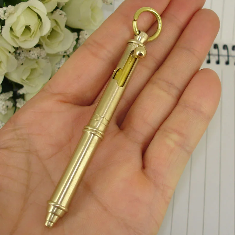 Ballpoint Pen Pure Brass Hand-made Retractable Ball Pens with Key ring Cute Small Cool Design Mini Ball Pen Gift