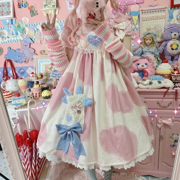 

New Soft Girl Cute Lolita Suit Jsk Small Milk Cake Cow Print Lolita Sling Dress Kawaii Japanese Lolita Vintage Dress Cosplay