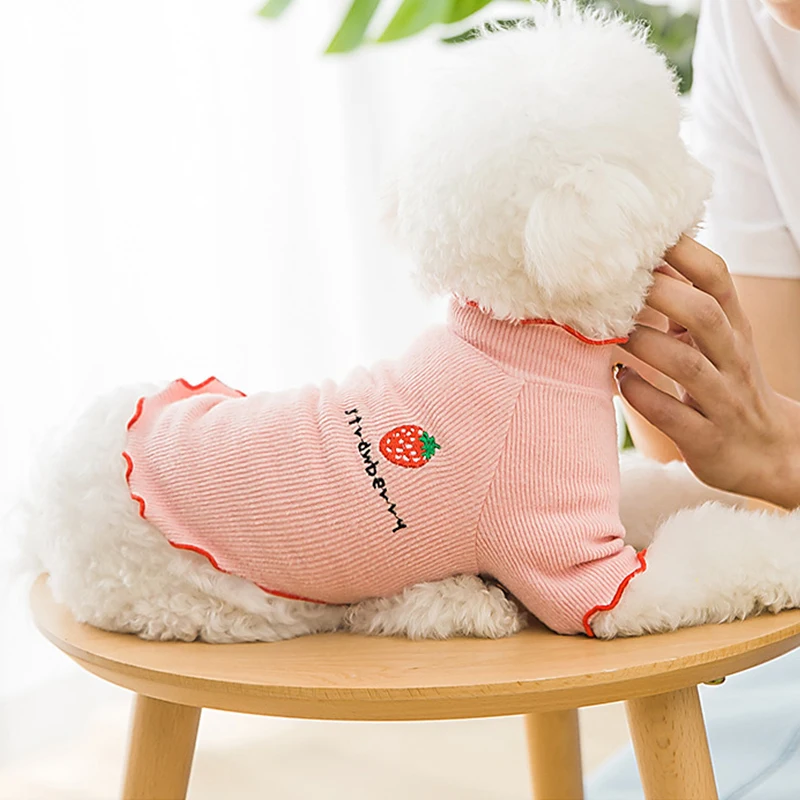 

Dog Ruffle Knitted T-shirt Y2K Embroidery Vegan Strawberry Little Puppy Kitten Pet Clothes Sweet Korean Summer Cat Knit Tops