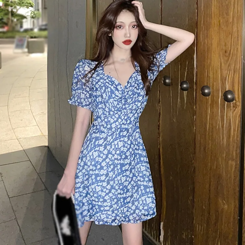 

Fashion Puff Short Sleeve Casual Summer Dress Women Floral Print V-neck Elegant Chiffon Dress