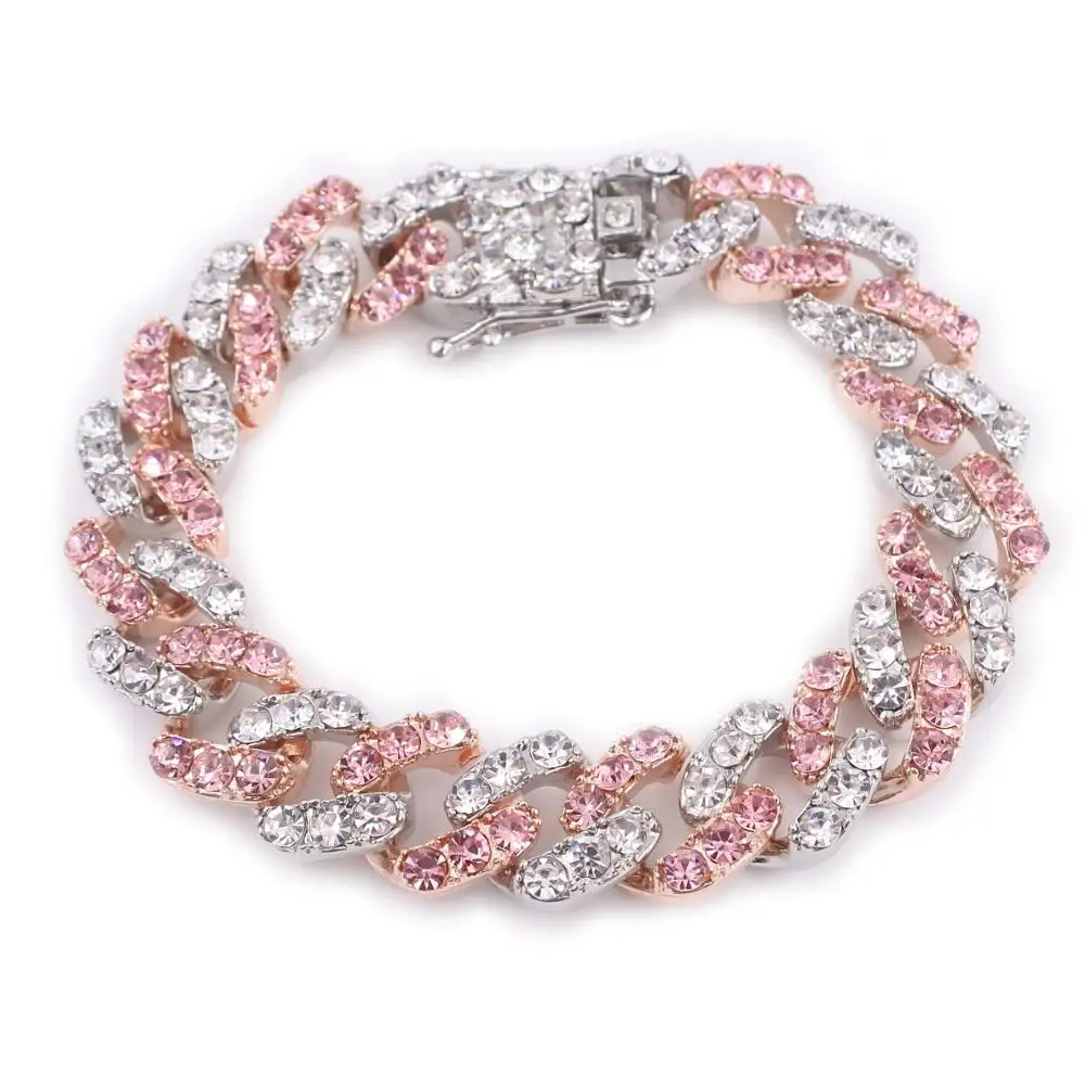 

12mm Miami curb link cuban hiphop chain iced out bling bracelets bubble crystal stone men's women rap rock dancer singer punk cz