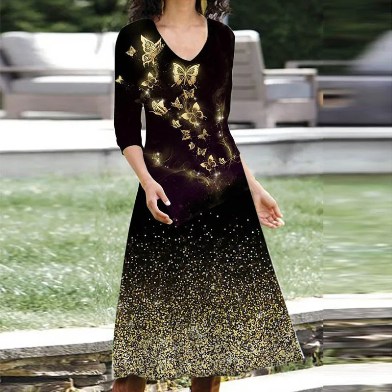 

Женское винтажное платье-трапеция с принтом бабочек, длинное Праздничное Платье макси с V-образным вырезом и длинным рукавом, элегантные же...
