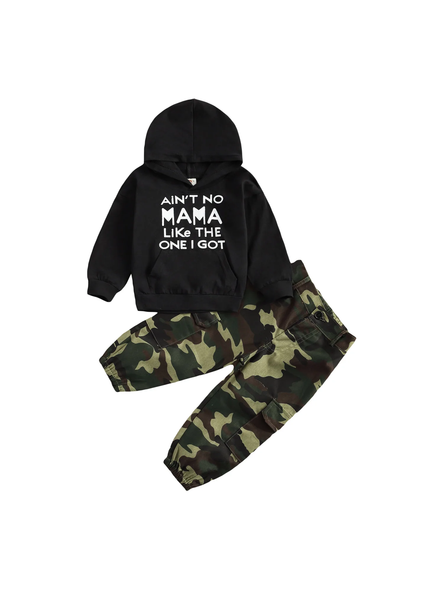 

1-6T Kids Suit Baby Boys 2-piece Outfit Set Long Sleeve Letter Print Hoodie+Camouflage Cargo Pants Set