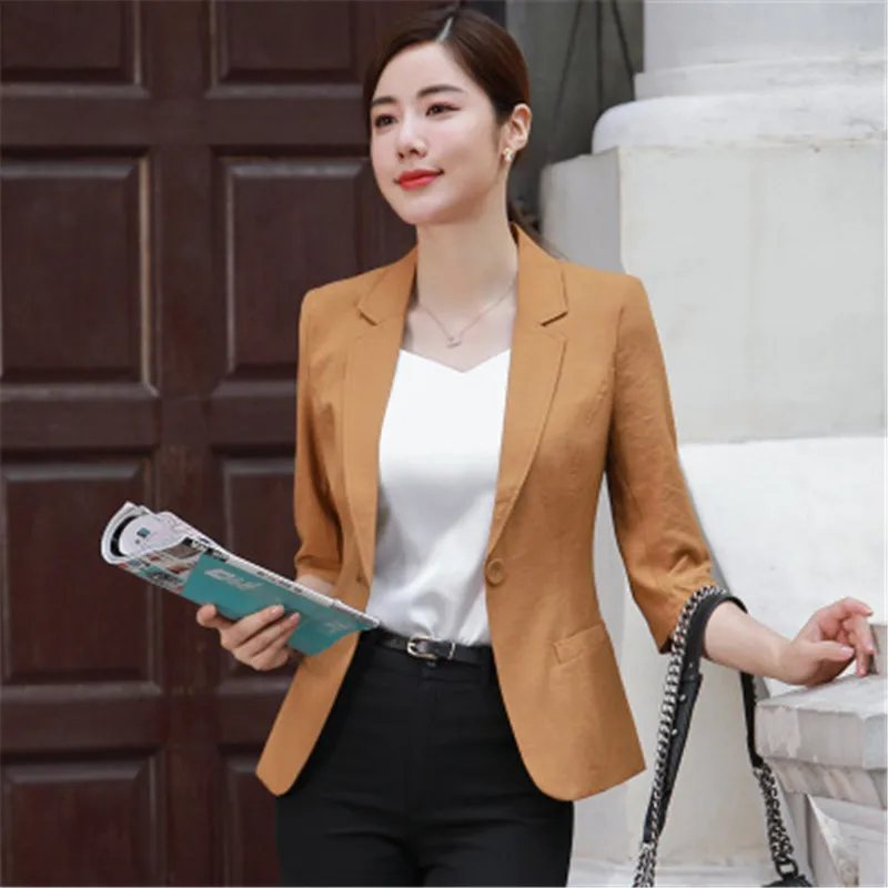 Женский льняной Блейзер на одной пуговице офисный костюм с половинным рукавом
