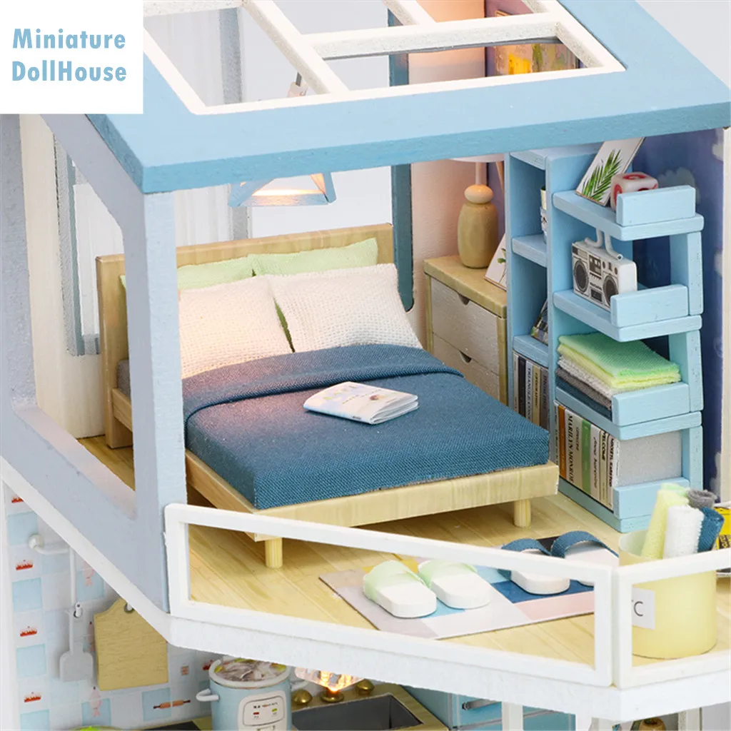 

3D Wooden DIY Miniature Doll House Seaside Villa Decorate Kids Toy Crafts 15ML Play Game Living Room Toy Decoration Home Toys