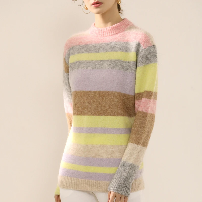 Женский мохеровый свитер CAMIA Свободный пуловер в радужную полоску с круглым