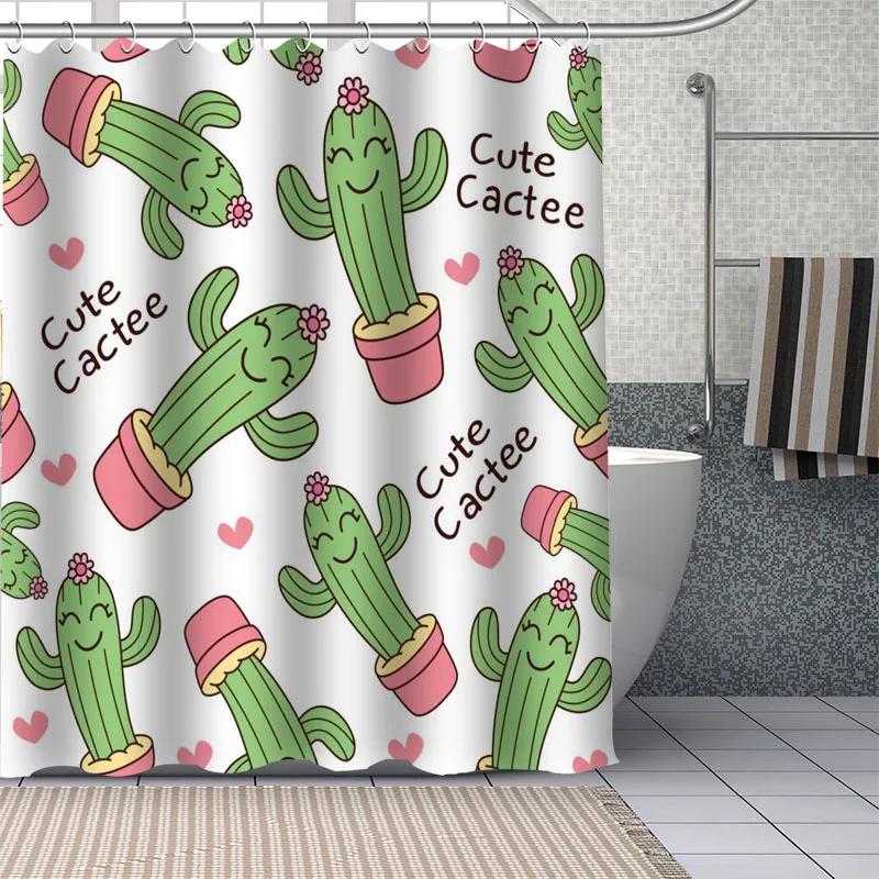 

Waterproof Shower Curtain Can Be Customized Cartoon Cactus Bathroom Shower Bath Supplies Polyester Shower Curtain With Hooks