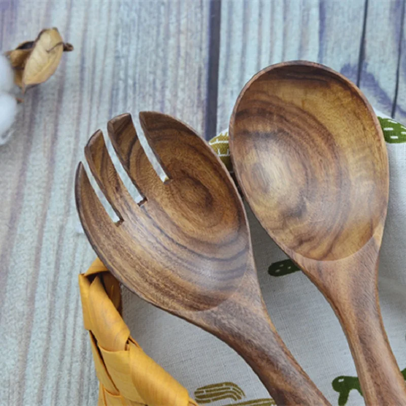 Скандинавская деревянная посуда для салата 5 комплектов (5 вилок + ложек)