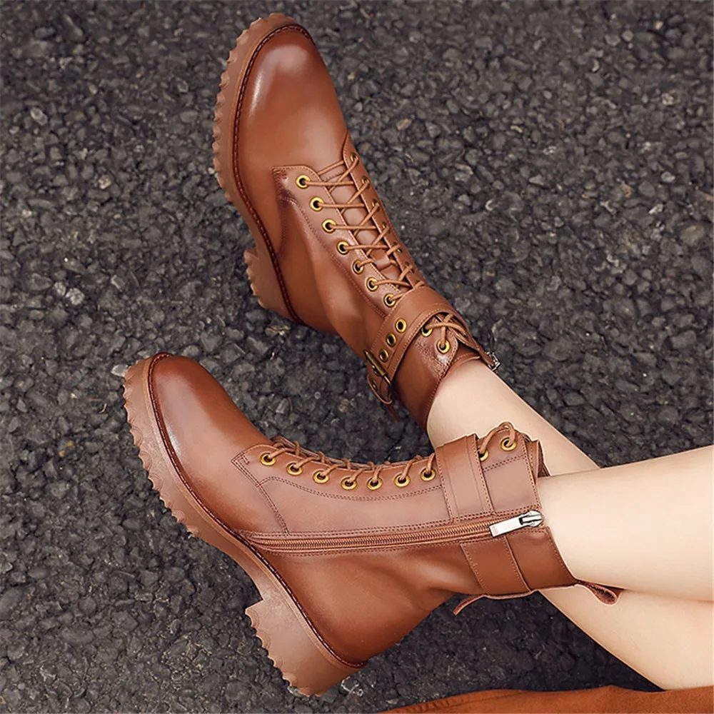 

Motorcycle Winter Ankle Boots Cow Leather Platform Buckle Zipper Fashion Women Shoes Square Heel Round Toe Size 34-42 Aiyoway