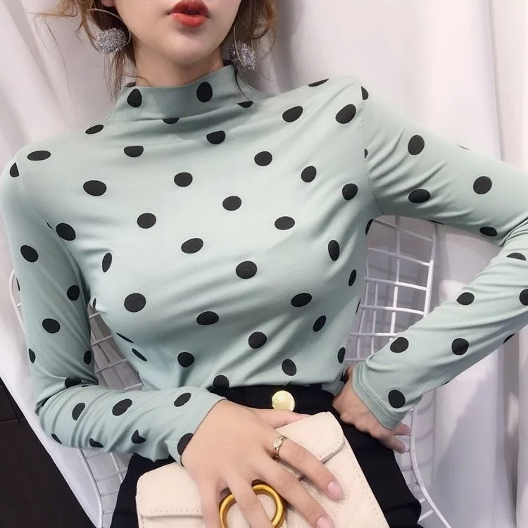 

Блузка женская из 95% хлопка с высоким воротником, рубашки в горошек с длинным рукавом, женская осенняя одежда, Приталенный топ, блузы, женска...