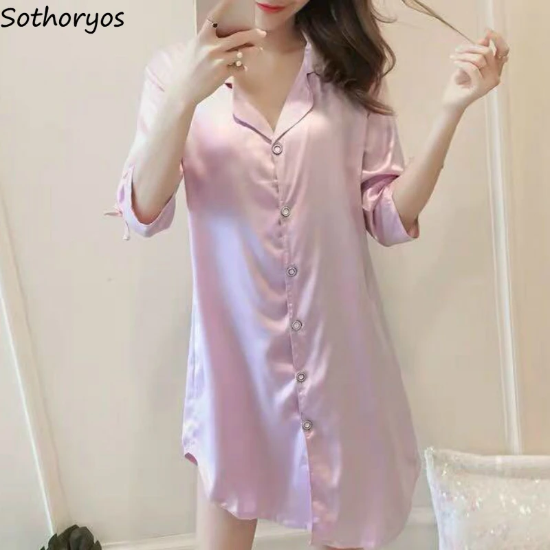 

Women Nightgowns Solid Single Breasted Ice-silk Trendy Sexy Casual Baggy Soft Ulzzang Three Quarter Sleeve Female Sleepwear