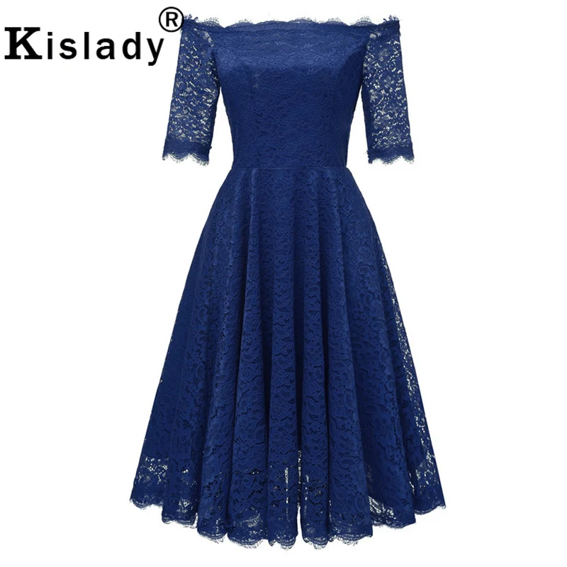 Женское кружевное винтажное платье с вырезом лодочкой вечернее средней длины